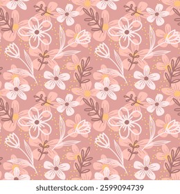 Hand drawn floral background, seamless vector pattern, colorful abstract flowers and leaves in warm spring colors, design for textile print, wallpaper, packaging.