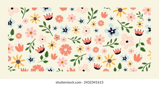 Hand drawn floral background. Vector flowers. Summer and spring blooming flowers isolated on white background. Banner for seasonal holidays, easter. Poster,background.