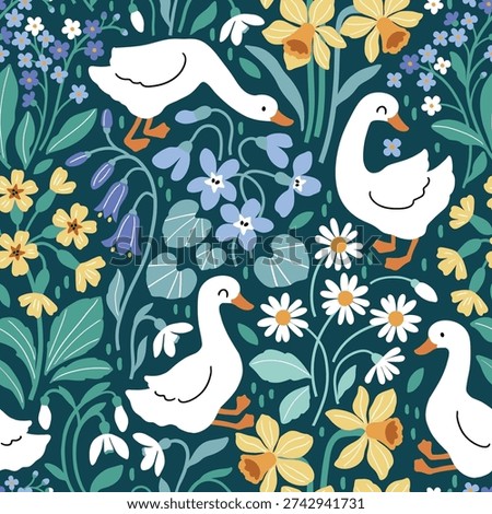 Hand drawn floral background with white goose. Seamless vector pattern with cute white ducks and summer flowers. 