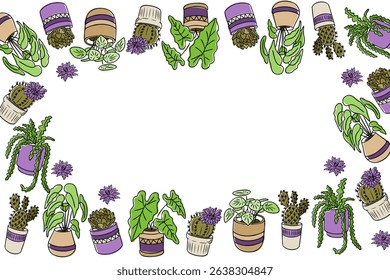 Hand drawn floral banner with cacti and potted plants arranged in colorful border design. Celebrates nature, home gardening and botanical decor with a fresh organic aesthetic
