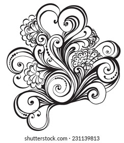 Hand drawn floral black and white Design Elements. Vector Illustration