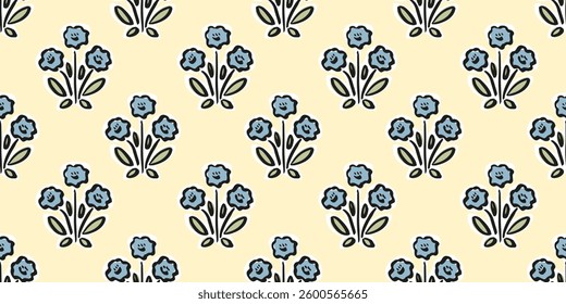 Hand drawn floral block print seamless pattern. Trendy retro blue daisy flower botanical vector background. Boho, beach, Indian traditional textile design.