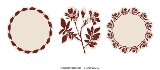 Hand drawn floral block print motif icon set with leaf wreath frame. Isolated flat vector element lino cut elegant neutral tone bundle.For spring summer botanical garden handmade mood
