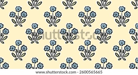 Hand drawn floral block print seamless pattern. Trendy retro blue daisy flower botanical vector background. Boho, beach, Indian traditional textile design.