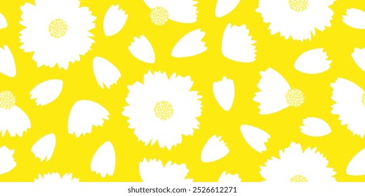 Hand drawn floral bloom petal seamless pattern with yellow and white colors. Tropical summer flower pattern design for fabric, decor, wrapping, textile, wall art.