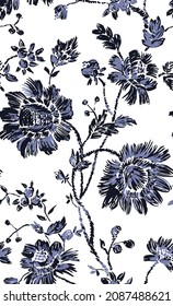 Hand drawn floral blue seamless pattern for design. Flowers illustrated in stitches. White and blue folklore botanical  pattern. Vintage elements. Traditional ethnic motifs.