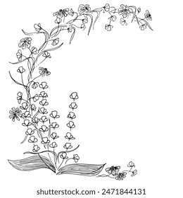 Hand drawn floral border. Black and white floral wreath for wedding invitation