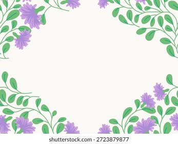 Un borde floral dibujado a mano con flores de Pascua púrpura y hojas verdes sobre un fondo claro, creado para tarjetas de primavera y Pascua, invitaciones, carteles y diseños decorativos.