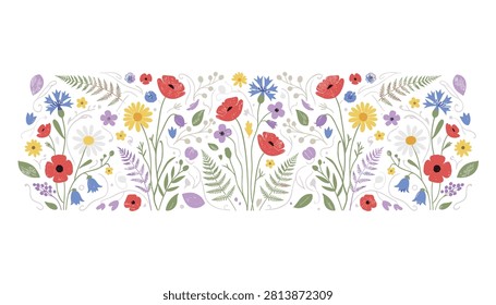 Hand drawn floral border with vibrant poppies, daisies, bluebells, and ferns creating a decorative botanical illustration.