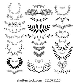 Hand drawn floral borders, dingbats, dividers, wreaths for the page decoration. Isolated on the white background. Can be used for birthday card, wedding invitations, book page decoration.