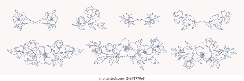 Bordes florales dibujados a mano, marcos, divisores con flores y hojas. Elementos verdes de moda en estilo line art. Vector para etiqueta, identidad corporativa, invitación de boda, tarjeta, logotipo, marco