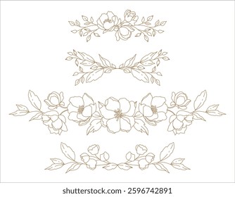 Hand drawn floral borders and frames with flowers and leaves. Trendy greenery elements in line art style. Vector for label, branding, wedding invitation, card, save the date