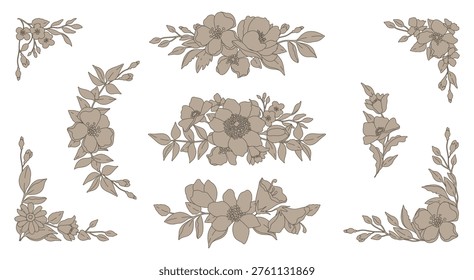 Hand drawn floral borders, frames, dividers, corners with flowers and leaves. Trendy greenery elements in line art style. Vector for wedding invitation, label, branding, card, logo, frame