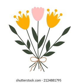 Hand drawn floral botanical illustration in Scandinavian style. Cute vector illustration of bouquet of yellow garden flowers. For floristic shops, greeting card, 8 of March decoration, logo invitation