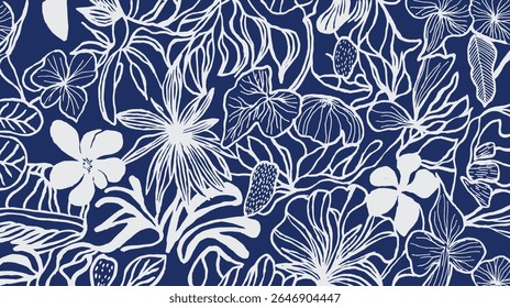 A hand drawn floral and botanical pattern in white on a deep blue background, featuring various flowers, leaves, and abstract natural elements for textile, carpet, decoration