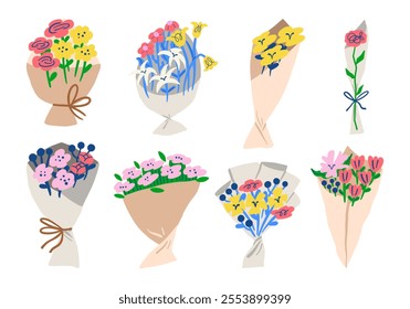 Hand drawn floral bouquet collection. A versatile set of eight hand drawn floral bouquet illustrations, featuring unique designs perfect for weddings, romantic themes, seasonal decor, and celebrations