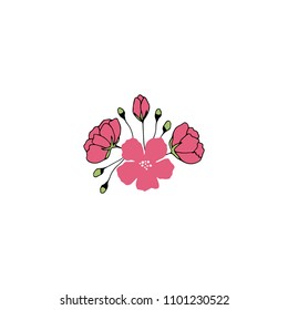 Hand drawn floral bouquet. Flowers and leaves in elegant arrangement. For greeting cards, weddings, stationery, surface design, scrapbooking. Cute hand drawn style.
