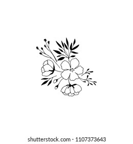 Hand drawn floral bouquet. Flowers and leaves in elegant arrangement. For greeting cards, weddings, stationery, surface design, scrapbooking. Cute hand drawn style.
