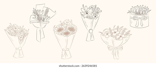 Hand drawn floral bouquet wrapped in festive packaging vector illustration. Decorative floral composition sketch set. Elegant natural blooms outline graphic art design elements collection for holiday