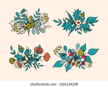 Hand drawn floral bouquets. Romantic design frames with flowers. Vector illustration.