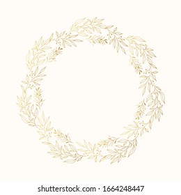 Hand drawn floral branch and herb golden wreath. Flourish wedding border for invitation card. Vector isolated gold rustic frame.