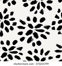 Hand drawn floral brush strokes pattern in black and cream, seamless repeating chrysanthemum blossoms vector illustration.