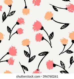 Hand drawn floral brush strokes pattern in black, orange, pink and cream, seamless repeating chrysanthemum blossoms vector illustration.