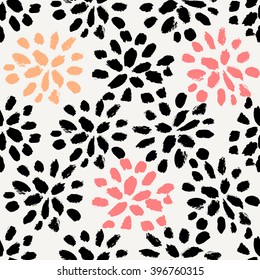 Hand drawn floral brush strokes pattern in black, orange, pink and cream, seamless repeating chrysanthemum blossoms vector illustration.