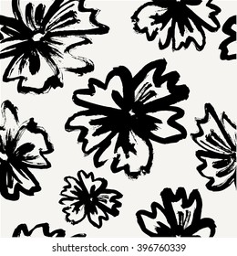 Hand drawn floral brush strokes pattern in black and cream, seamless repeating flower blossoms vector illustration.