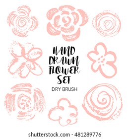 Hand drawn floral brush strokes elements in tender pink. Isolated hand drawn dry brush flowers. Vector illustration.