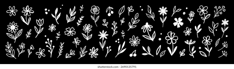 Hand drawn floral brush vector illustration with abstract leaves and flowers