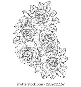 hand drawn floral bunch with roses and leaves zentangle coloring page with decorative easy sketches. Vector illustration for coloring page, isolated on white background.