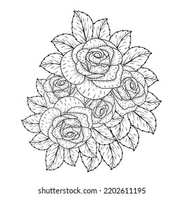 hand drawn floral bunch with roses and leaves zentangle coloring page with decorative easy sketches. Vector illustration for coloring page, isolated on white background.