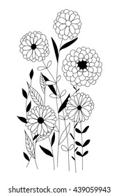 Hand drawn floral card with various flowers and leaves . 