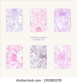 Hand drawn floral cards with roses, dahlia, poppy, iris, marigold, leaves light pink, purple, violet, lilic colors. Decorative art flowers background vintage style.