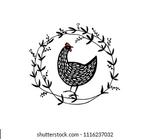 Hand drawn floral chicken emblem