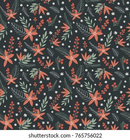 Hand drawn floral Christmas seamless pattern with flower bouquets, poinsettia, christmas tree branches and berries. Vector illustration background