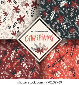 Hand drawn floral Christmas seamless patterns set with flower bouquets, poinsettia, christmas tree branches and berries. Vector illustration background collection