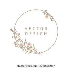 Marco de círculo floral dibujado a mano en estilo de arte lineal. Elegante corona vintage. Ilustración vectorial para etiqueta, identidad corporativa, marca, invitación a boda, tarjeta de saludo, guardar la fecha