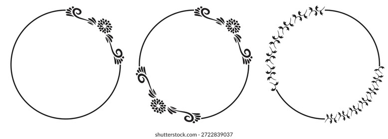 Marco de círculo floral dibujado a mano. Ilustraciones florales azules mínimas de la corona dispuestas en una fila, conveniente para las invitaciones de boda, marca, papelería, tarjeta de cumpleaños, y usos decorativos elegantes del diseño.