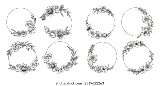 Hand drawn floral circular frame collection