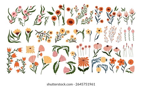 Hand drawn floral clipart bundle with whimsical botanical elements. Cute wildflowers, leaves, and blooming branches perfect for wedding invitations, packaging, nursery decor, and design projects.