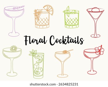 Hand drawn floral cocktail illustrations. Vector line art of summer refreshing alcoholic beverages. Doodle style cocktail glasses for bar, menu, and party design.	
