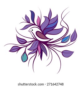 Hand drawn floral composition with bird.Vector illustration.