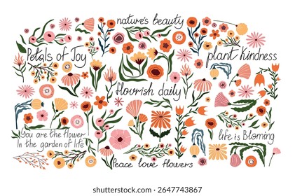 Hand drawn floral composition with inspirational quotes. Colorful botanical lettering poster with whimsical flowers and positive words. Perfect for wall art, cards, stickers, or journaling.