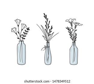 Hand drawn floral compositions in vases and bottles. Abstract wildflowers, grasses and twigs