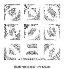 Hand drawn floral corners, borders, frames, dividers. Decorative elements.