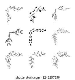 Hand drawn floral corners and flower borders. Flourish text decoration elements. Elegant Ink frames.