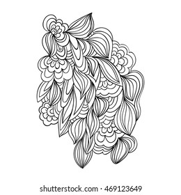 Hand drawn floral design for adult coloring book. Vector black and white contour illustration.  