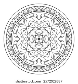 Hand drawn floral design circular shape. drawing of botanical, natural theme. coloring book page, decoration, background, tattoo, wallpaper, sticker.